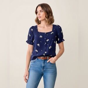 NEW Anthropologie Elodie Navy Blue Floral Flower Puff Sleeve Button Blouse Small
